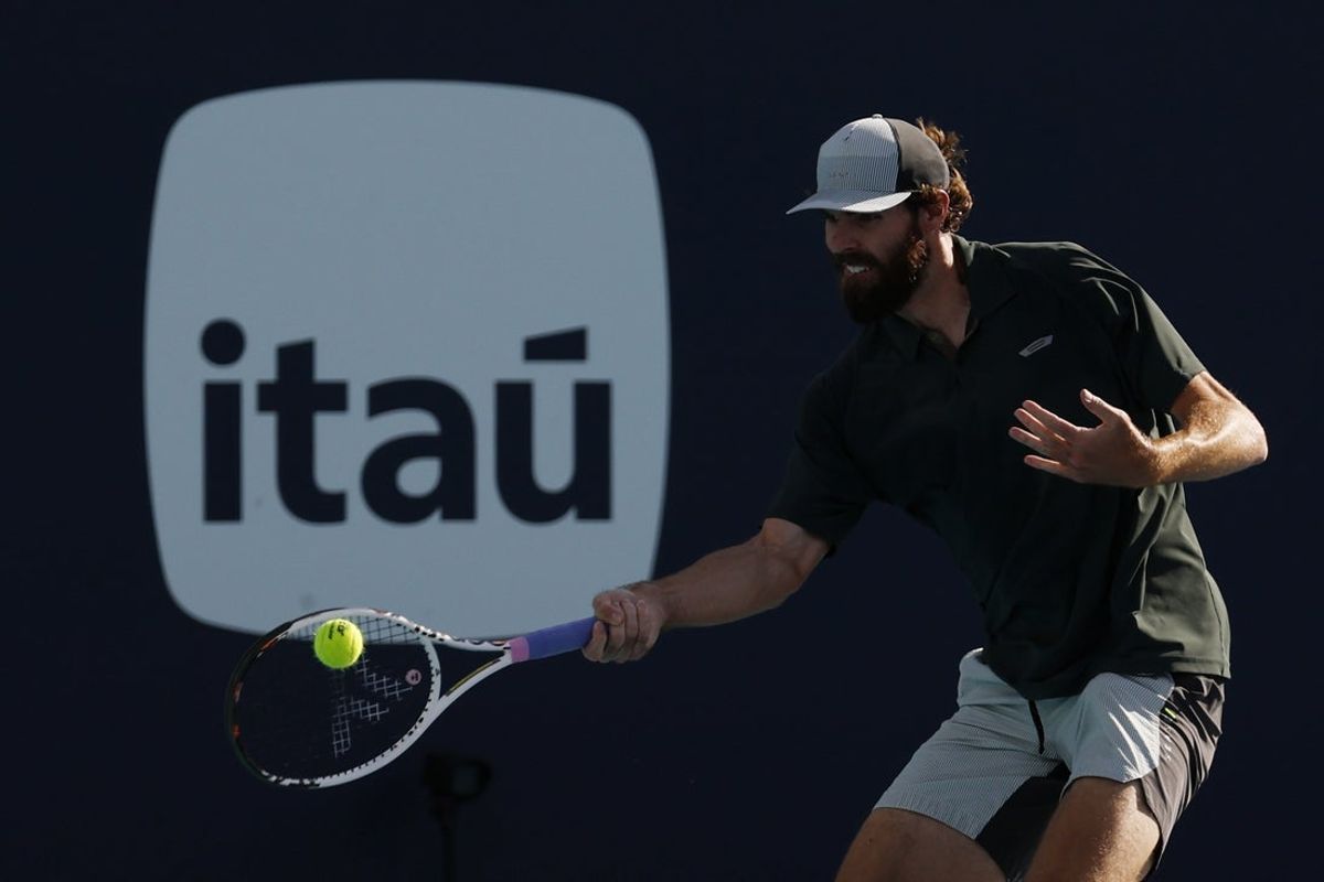 Mar 20, 2026; Miami Gardens, FL, USA; Reilly Opelka (USA) hits a forehand against Jack Draper (GBR) (not pictured) on day four of the 2026 Miami Open at Hard Rock Stadium. Mandatory Credit: Geoff Burke-Imagn Images