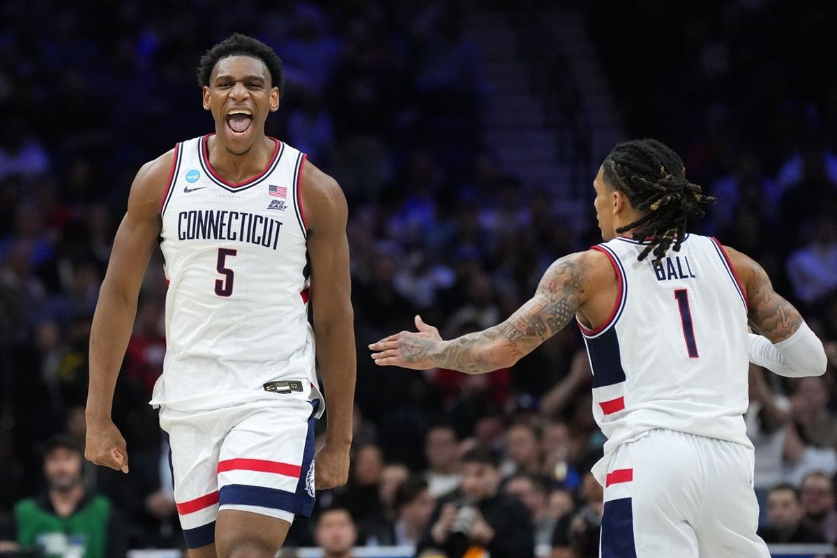 Mar 20, 2026; Philadelphia, PA, USA; UConn Huskies forward Tarris Reed Jr. (5) reacts in the first half during a first round game of the men's 2026 NCAA Tournament at Xfinity Mobile Arena. Mandatory Credit: Kyle Ross-Imagn Images