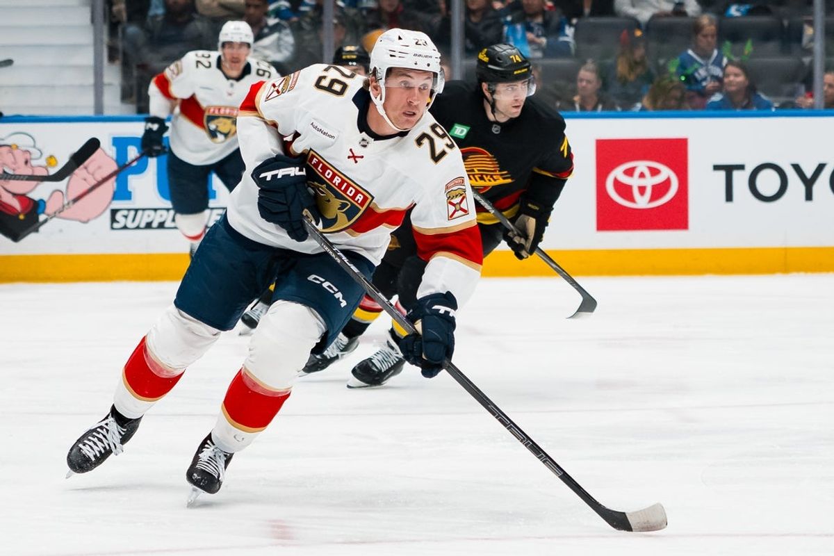 Mar 17, 2026; Vancouver, British Columbia, CAN; Florida Panthers forward Cole Reinhardt (29) skates against the Vancouver Canucks in the second period at Rogers Arena. Mandatory Credit: Bob Frid-Imagn Images