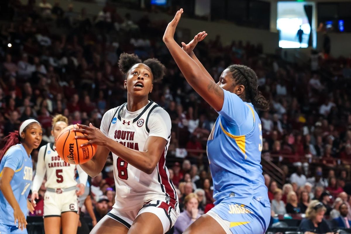 Mar 21, 2026; Columbia, South Carolina, USA; South Carolina Gamecocks forward Joyce Edwards (8) looks to shoot over Southern Jaguars guard Olivia Delancy (30) in the first half at Colonial Life Arena. Mandatory Credit: Jeff Blake-Imagn Images