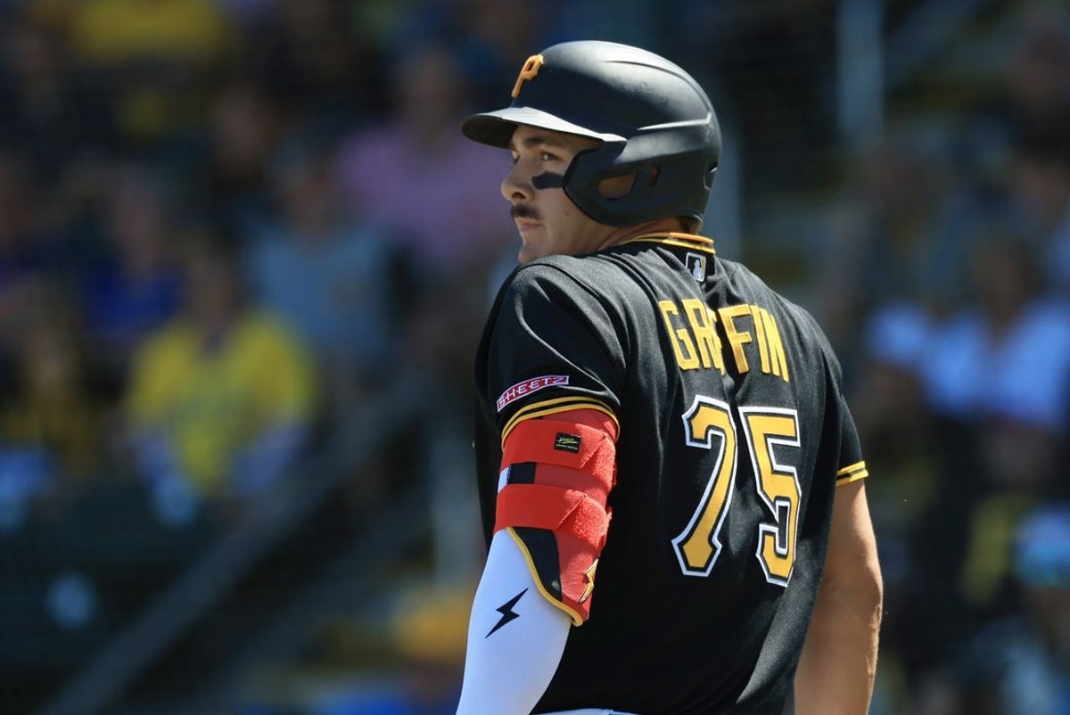 Mar 21, 2026; Bradenton, Florida, USA;  Pittsburgh Pirates infielder Konnor Griffin (75)  at bat during the fourth inning against the Toronto Blue Jays at LECOM Park. Mandatory Credit: Kim Klement Neitzel-Imagn Images