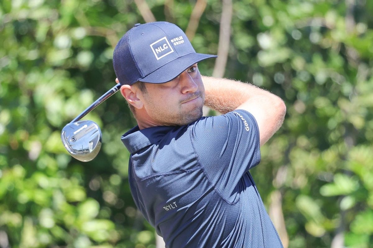 Chandler Blanchet plays his shot from the seventh tee during the third round of the Valspar Championship golf tournament.