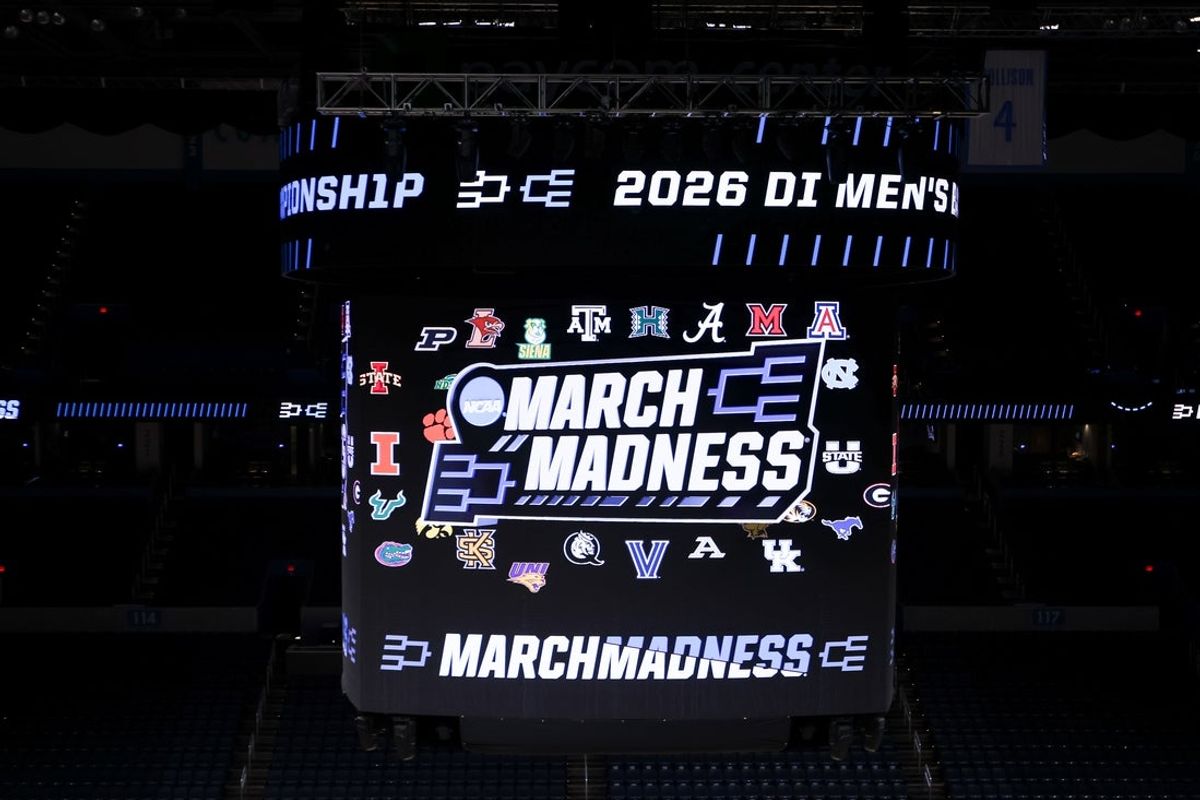 Mar 21, 2026; Oklahoma City, OK, USA; The March Madness logo is seen prior to game between the Texas A&M Aggies and Houston Cougars in the second round of the men's 2026 NCAA Tournament at Paycom Center. Mandatory Credit: William Purnell-Imagn Images