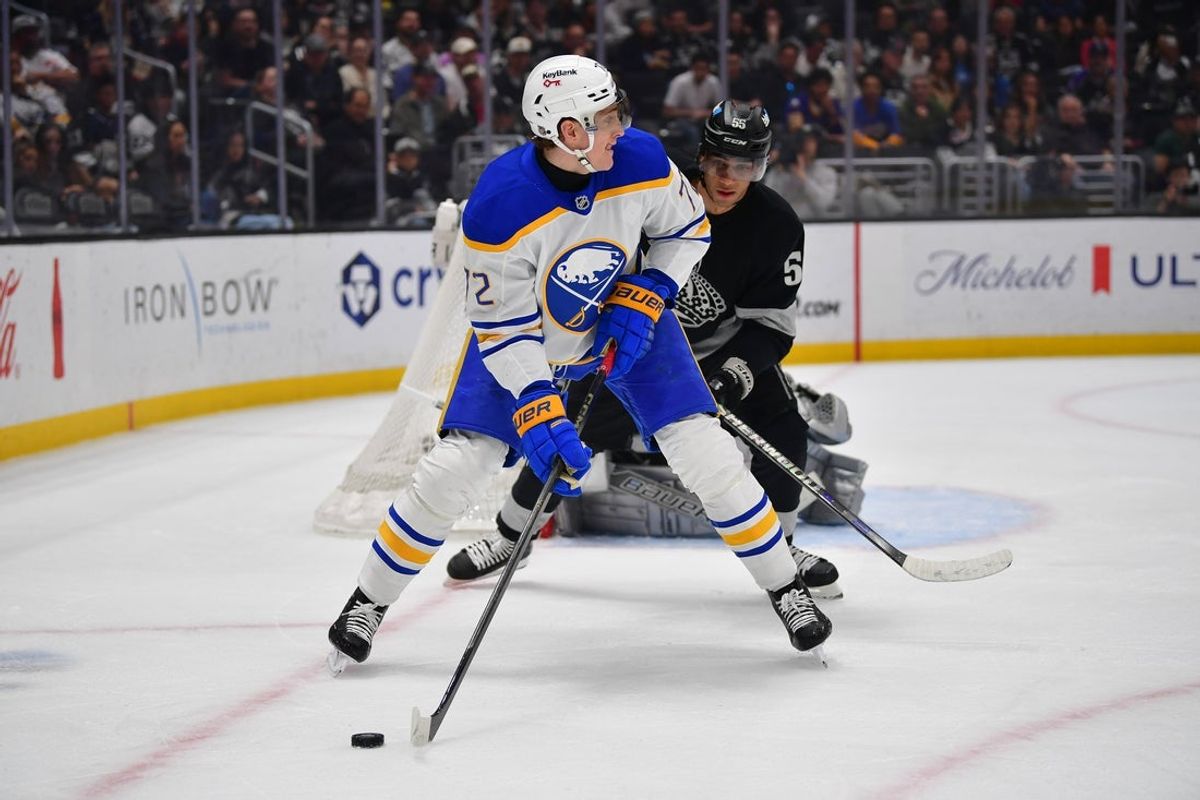 Mar 21, 2026; Los Angeles, California, USA; Buffalo Sabres center Tage Thompson (72) moves the puck against Los Angeles Kings right wing Quinton Byfield (55) during the first period at Crypto.com Arena. Mandatory Credit: Gary A. Vasquez-Imagn Images