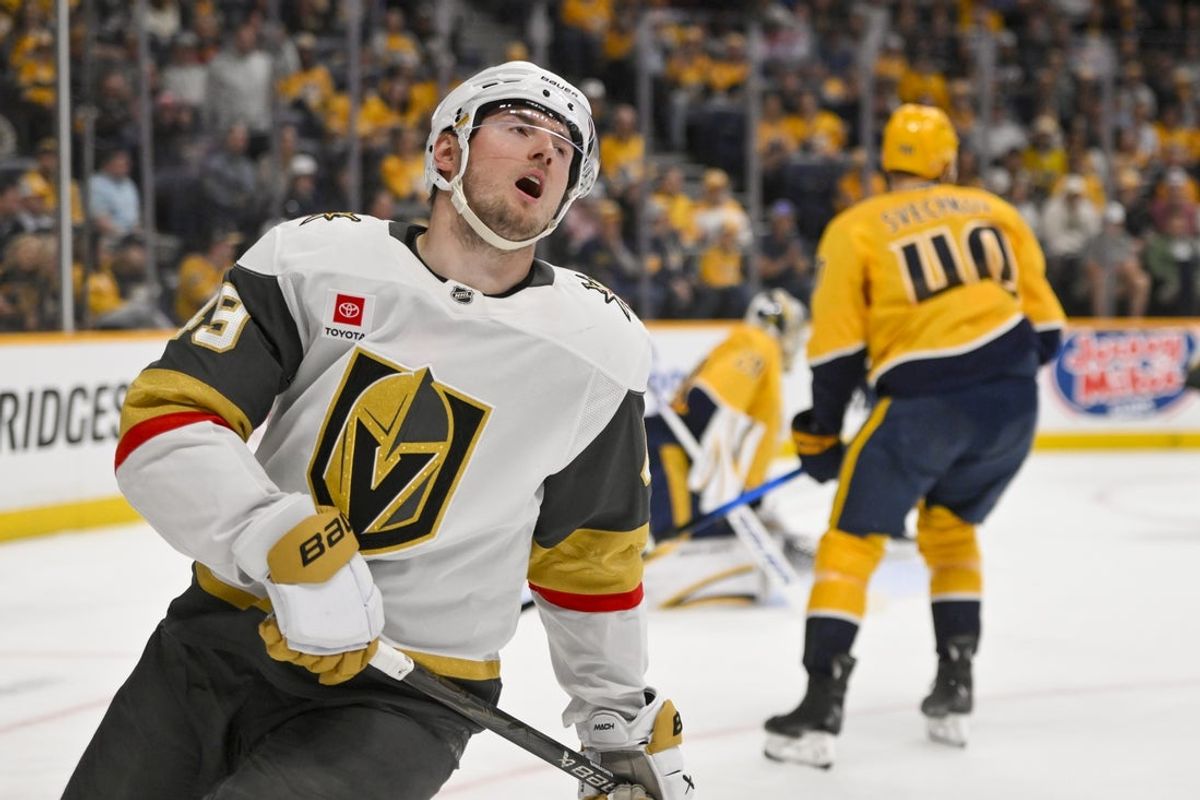 Mar 21, 2026; Nashville, Tennessee, USA;  Vegas Golden Knights right wing Mitch Marner (93) react after missing a shot on goal during the third period at Bridgestone Arena. Mandatory Credit: Steve Roberts-Imagn Images
