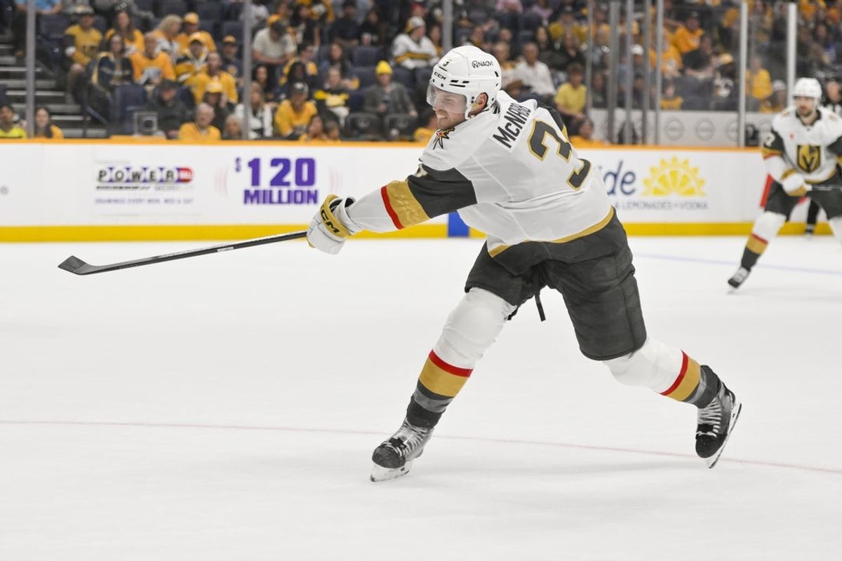 Mar 21, 2026; Nashville, Tennessee, USA;  Vegas Golden Knights defenseman Brayden McNabb (3) takes a shot on goal against the Nashville Predators during the third period at Bridgestone Arena. Mandatory Credit: Steve Roberts-Imagn Images