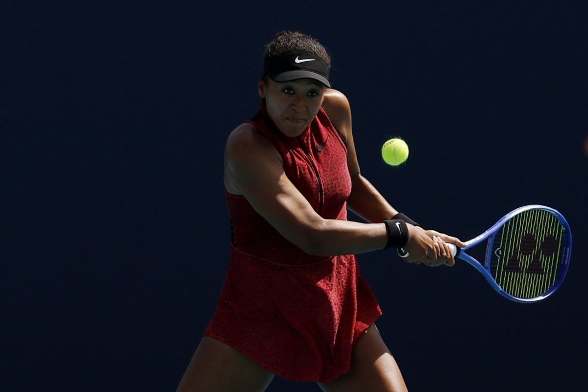 Mar 21, 2026; Miami Gardens, FL, USA; Naomi Osaka (JPN) hits a backhand against Talia Gibson (AUS) (not pictured) on day five of the 2026 Miami Open at Hard Rock Stadium. Mandatory Credit: Geoff Burke-Imagn Images
