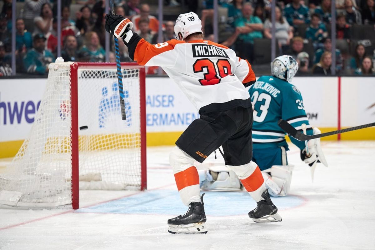 Mar 21, 2026; San Jose, California, USA; Philadelphia Flyers right wing Matvei Michkov (39) reacts to a goal scored by center Christian Dvorak (not pictured) against San Jose Sharks goaltender Alex Nedeljkovic (33) during the third period at SAP Center at San Jose. Mandatory Credit: Robert Edwards-Imagn Images