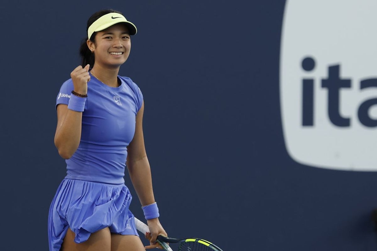 Mar 21, 2026; Miami Gardens, FL, USA; Alexandra Eala (PHI) celebrates after match point against Magda Linette (POL) (not pictured) on day five of the 2026 Miami Open at Hard Rock Stadium. Mandatory Credit: Geoff Burke-Imagn Images