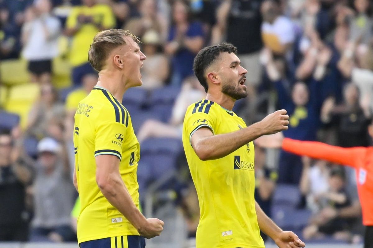 Mar 21, 2026; Nashville, Tennessee, USA;  Nashville SC forward Sam Surridge (9) celebrates his goal against the Orlando City during the first half at Geodis Park. Mandatory Credit: Steve Roberts-Imagn Images