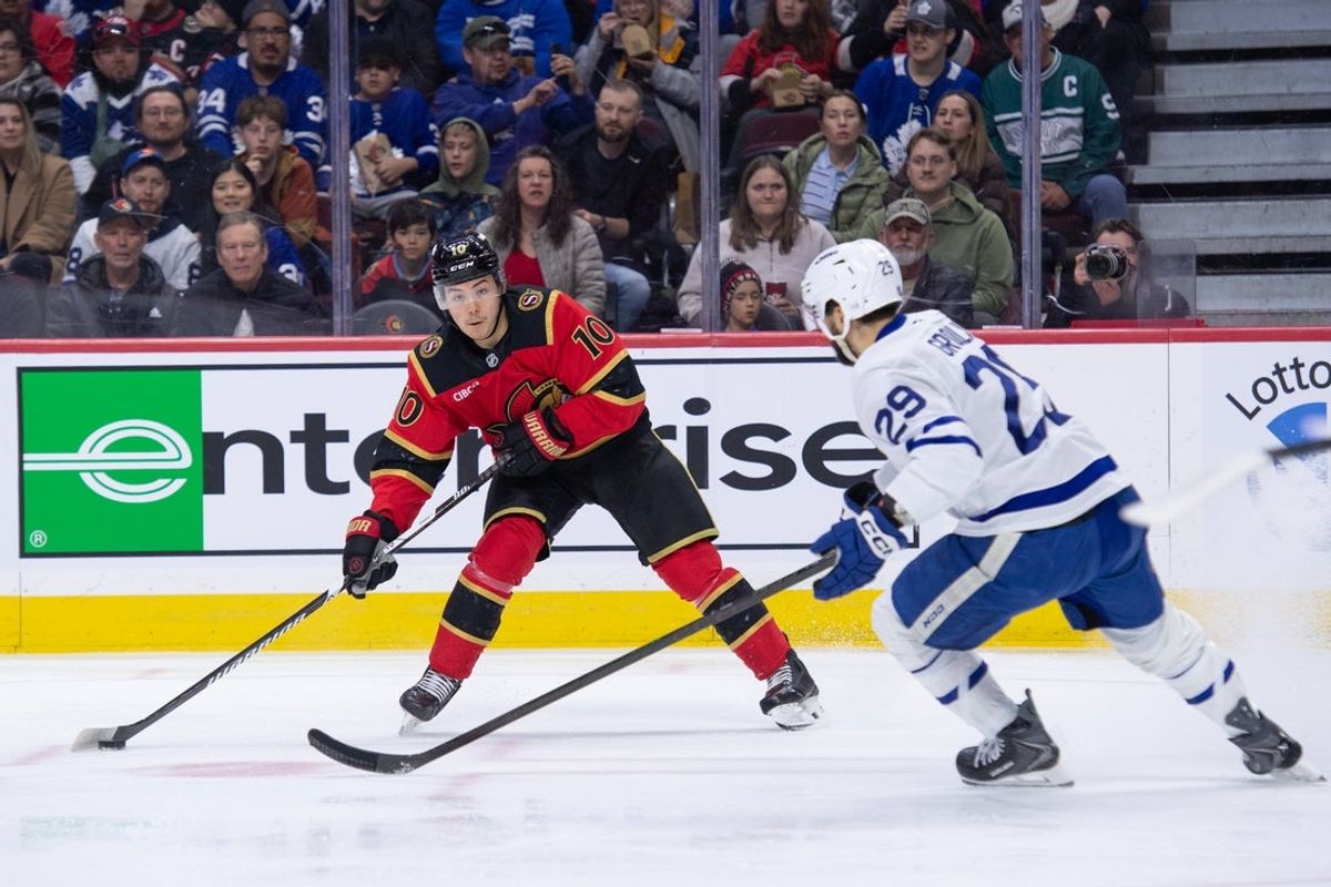 Mar 21, 2026; Ottawa, Ontario, CAN; Ottawa Senators defenseman Jordan Spence (10) lines up a shot past Toronto Maple Leafs center Bo Groulx (29) in the first period at the Canadian Tire Centre. Mandatory Credit: Marc DesRosiers-IMAGN Images