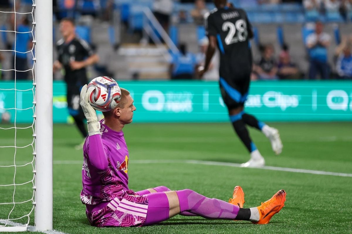 Mar 21, 2026; Charlotte, North Carolina, USA; Red Bulls New York goalkeeper Ethan Horvath (34) reacts after being scored on by Charlotte FC during the first half at Bank of America Stadium. Mandatory Credit: Cory Knowlton-Imagn Images