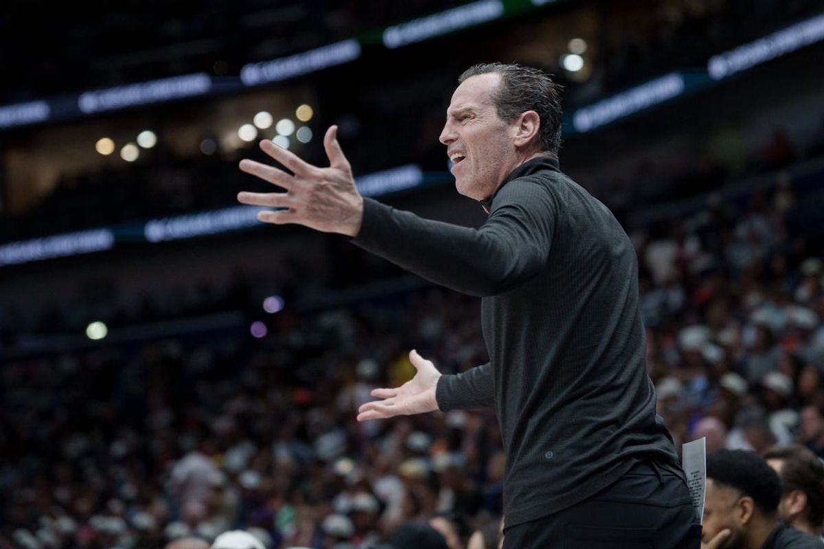 Mar 21, 2026; New Orleans, Louisiana, USA; Cleveland Cavaliers head coach Kenny Atkinson reacts during the first half against the New Orleans Pelicans at Smoothie King Center. Mandatory Credit: Matthew Hinton-Imagn Images