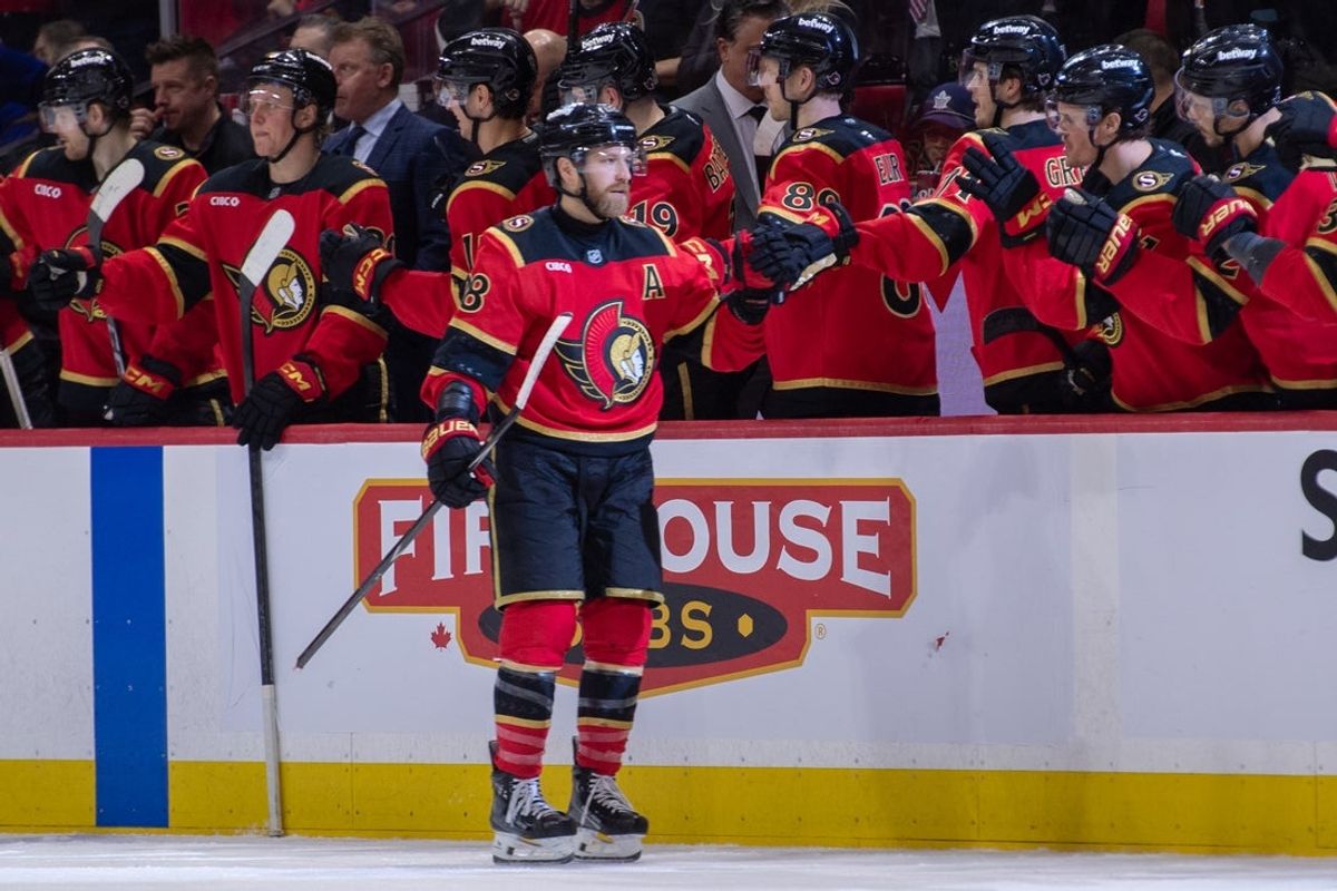Mar 21, 2026; Ottawa, Ontario, CAN; Ottawa Senators right wing Claude Giroux (28) celebrates with team his goal scored in the second period against the Toronto Maple Leafs at the Canadian Tire Centre. Mandatory Credit: Marc DesRosiers-IMAGN Images