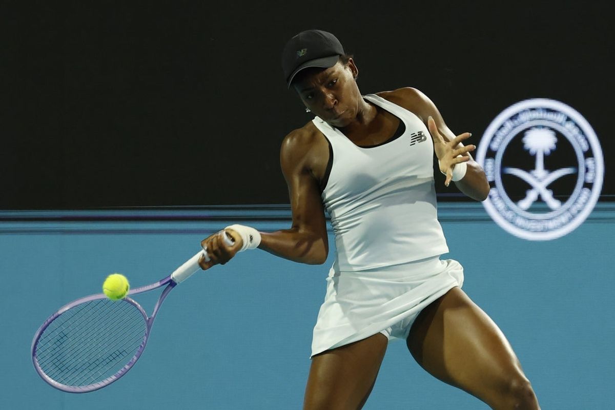 Mar 21, 2026; Miami Gardens, FL, USA; Coco Gauff (USA)  hits a forehand against Alycia Parks (USA) (not pictured) on day five of the 2026 Miami Open at Hard Rock Stadium. Mandatory Credit: Geoff Burke-Imagn Images