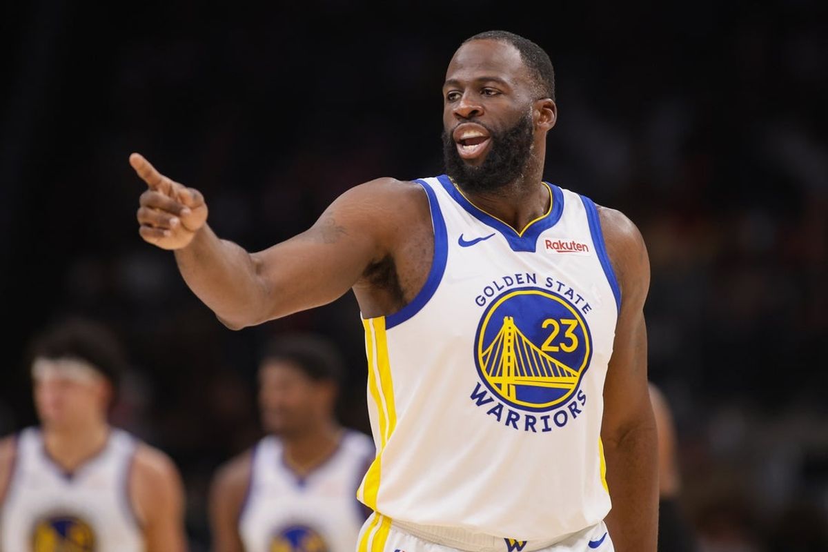 Mar 21, 2026; Atlanta, Georgia, USA; Golden State Warriors forward Draymond Green (23) reacts to a call against the Atlanta Hawks in the second quarter at State Farm Arena. Mandatory Credit: Brett Davis-Imagn Images