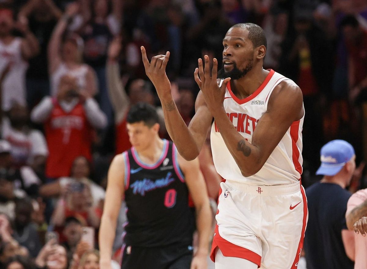Mar 21, 2026; Houston, Texas, USA;  Houston Rockets forward Kevin Durant (7) reacts after making  a three point basket against Miami Heat forward Simone Fontecchio (0)(not pictured)  in the second half at Toyota Center. Durant scored 27 points in the game passing Michael Jordan for fifth all time in points in the NBA. Mandatory Credit: Thomas Shea-Imagn Images