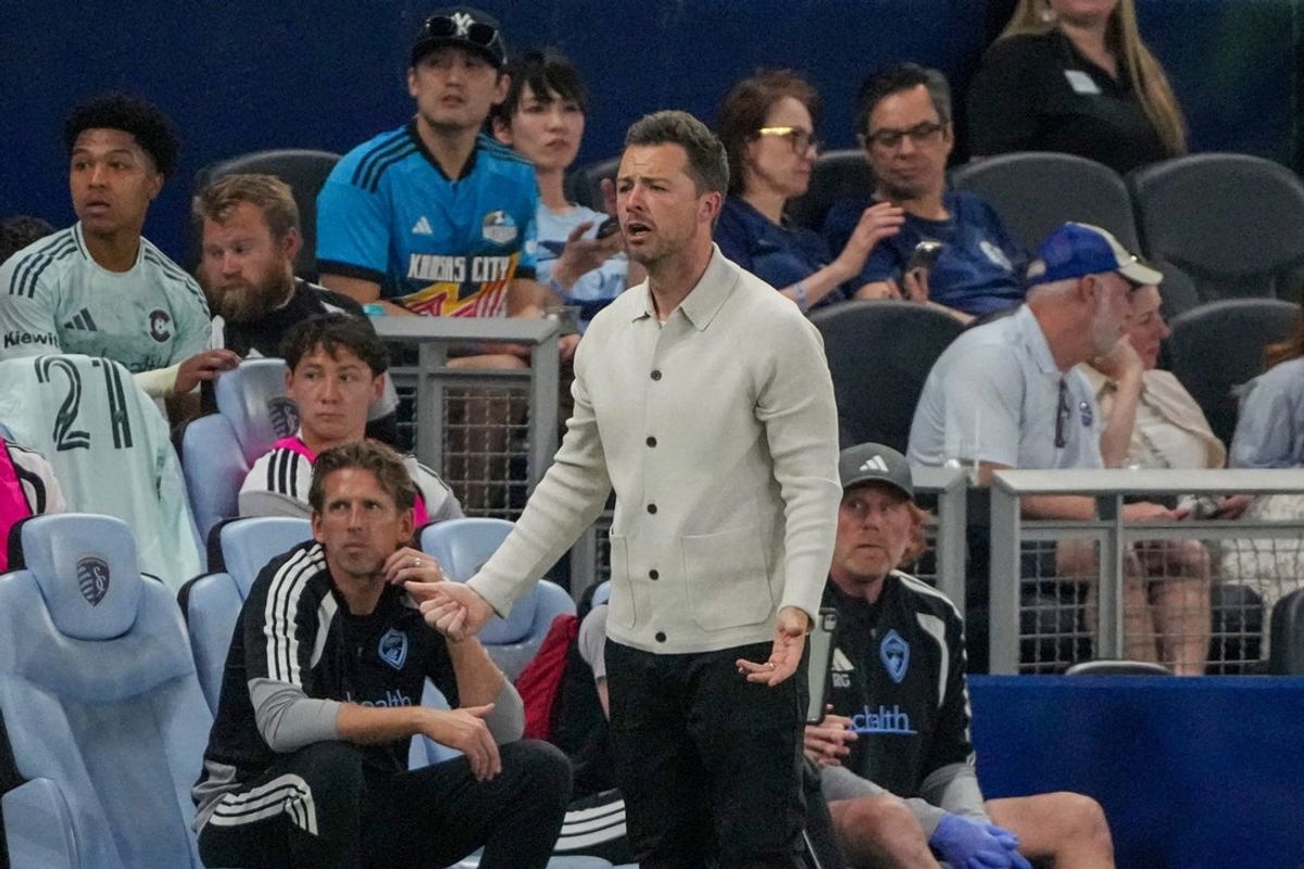 Mar 21, 2026; Kansas City, Kansas, USA; Colorado Rapids head coach Matt Wells reacts to play against Sporting Kansas City during the second half of the match at Children's Mercy Park. Mandatory Credit: Denny Medley-Imagn Images
