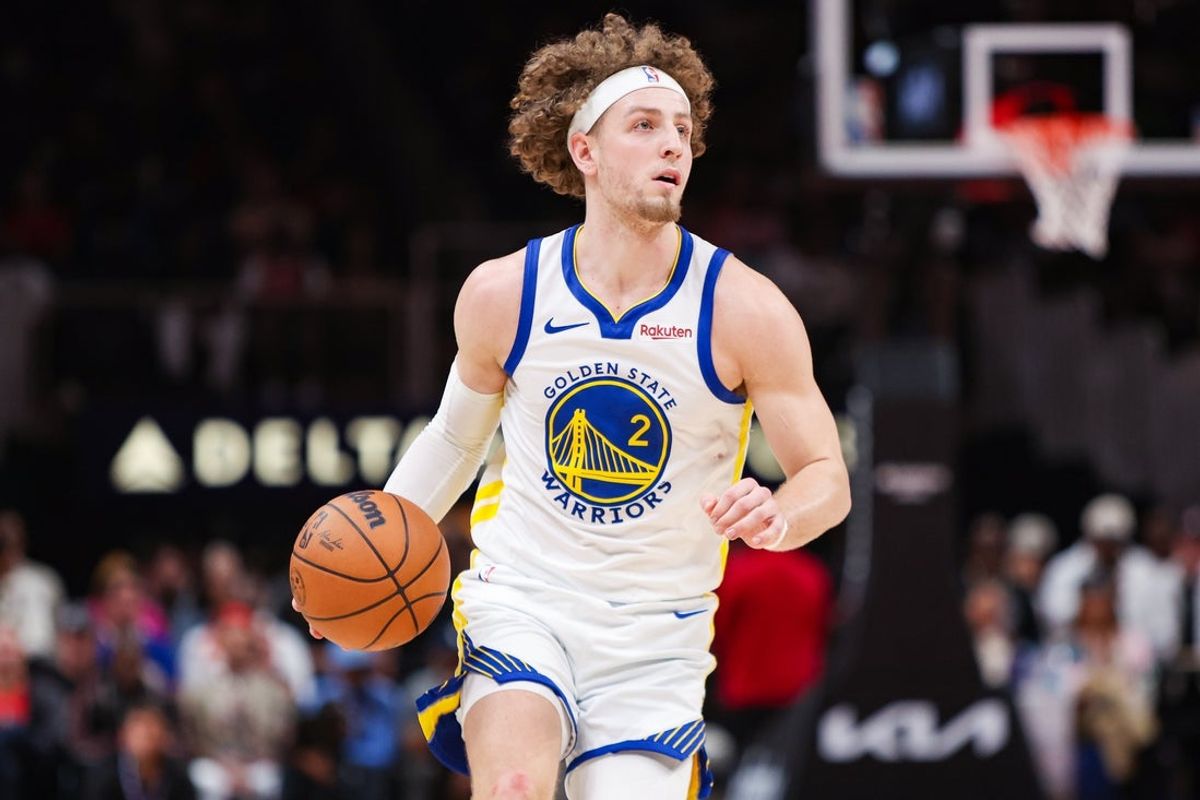 Mar 21, 2026; Atlanta, Georgia, USA; Golden State Warriors guard Brandin Podziemski (2) dribbles against the Atlanta Hawks in the third quarter at State Farm Arena. Mandatory Credit: Brett Davis-Imagn Images