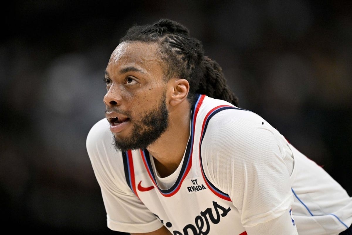 Mar 21, 2026; Dallas, Texas, USA; LA Clippers guard Darius Garland (10) looks on during the second half against the Dallas Mavericks at the American Airlines Center. Mandatory Credit: Jerome Miron-Imagn Images