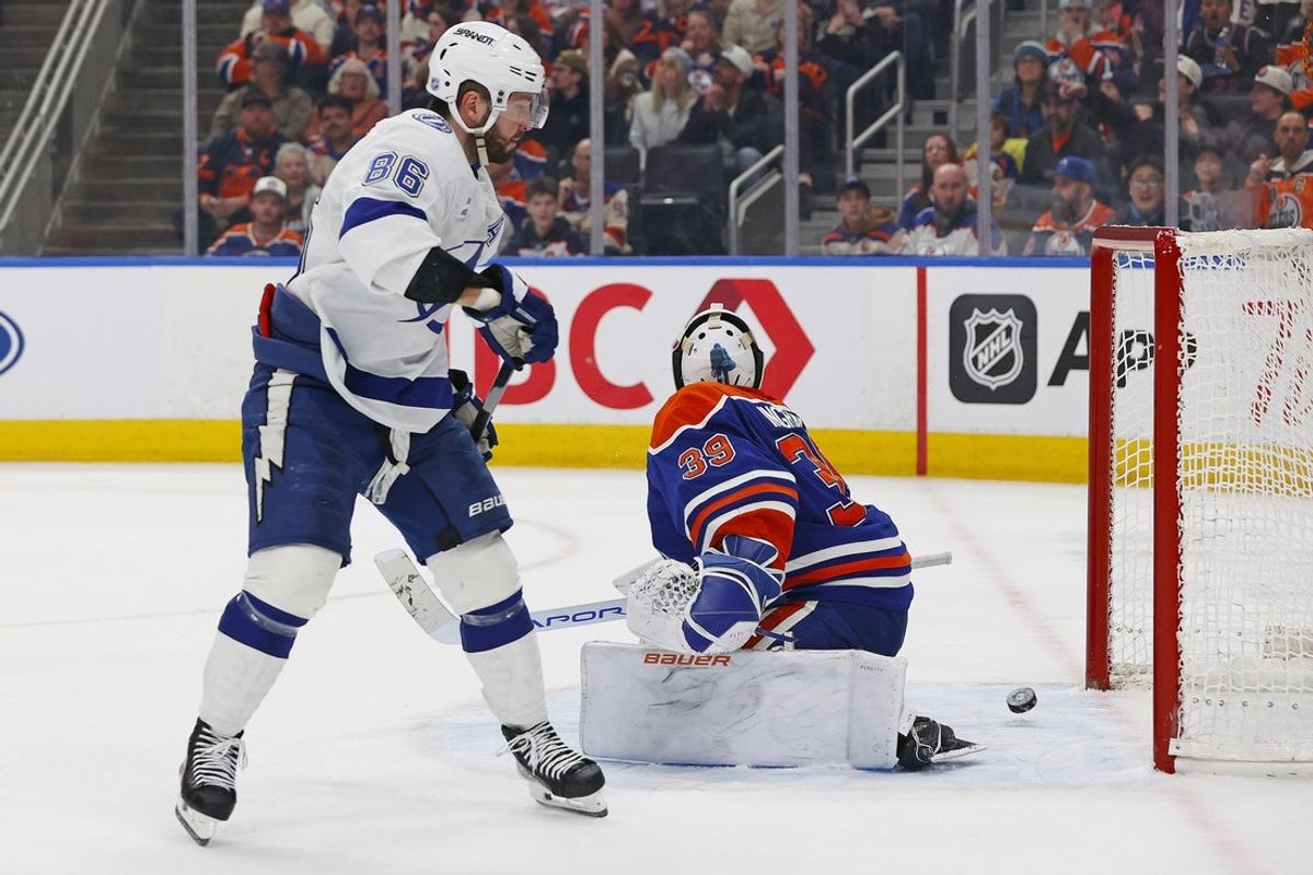 Mar 21, 2026; Edmonton, Alberta, CAN; Tampa Bay Lightning forward Nikita Kucherov (86) scores a goal during the second period against Edmonton Oilers goaltender Connor Ingram (39) at Rogers Place. Mandatory Credit: Perry Nelson-Imagn Images