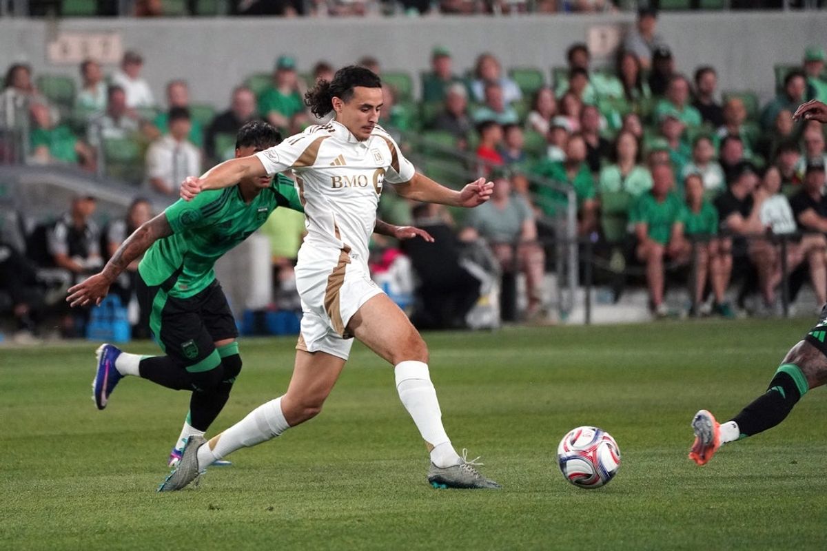 Mar 21, 2026; Austin, Texas, USA;  LAFC midfielder Amin Boudri (65) drives the ball during the second half against Austin FC at Q2 Stadium. Mandatory Credit: Dustin Safranek-Imagn Images