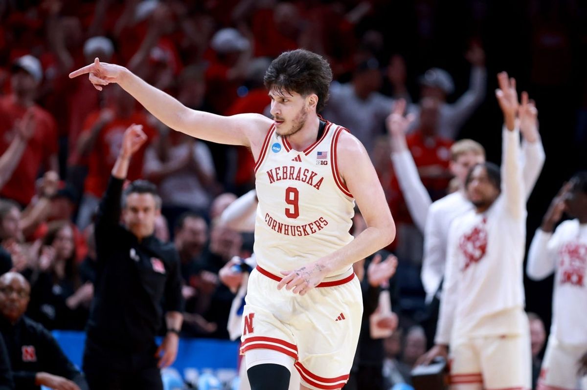 Nebraska's Berke Buyuktuncel (9) reacts after a 3-point basket during a second-round game in the NCAA men's basketball tournament between Nebraska Cornhuskers and Vanderbilt Commodores at Paycom Center in Oklahoma City, Saturday March 21, 2026.