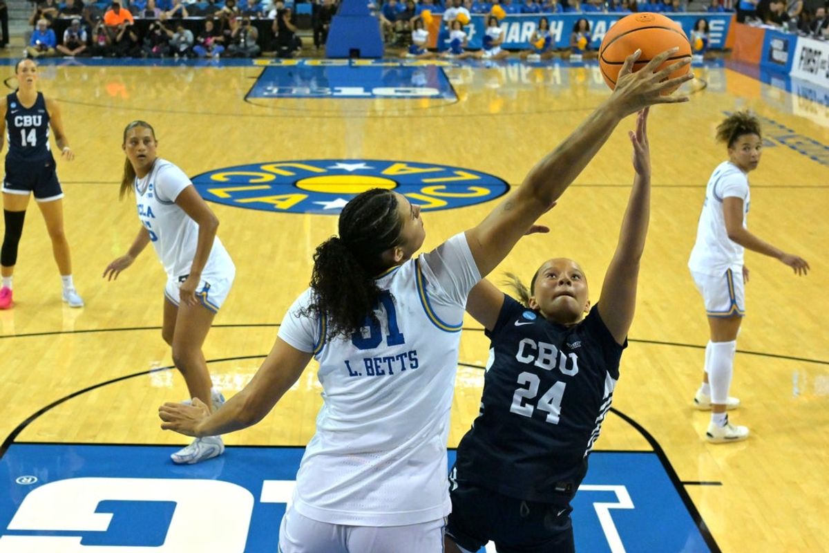 Mar 21, 2026; Los Angeles, CA, USA;  UCLA Bruins center Lauren Betts (51) blocks a shot by California Baptist Lancers guard Khloe Lemon (24) in the second half at Pauley Pavilion. Mandatory Credit: Jayne Kamin-Oncea-Imagn Images