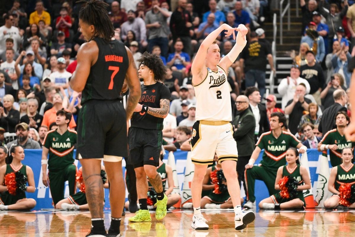 Mar 22, 2026; St. Louis, MO, USA; Purdue Boilermakers guard Fletcher Loyer (2) celebrates during the second half against the Miami Hurricanes during a second round game of the men's 2026 NCAA Tournament at Enterprise Center. Mandatory Credit: Jeff Curry-Imagn Images