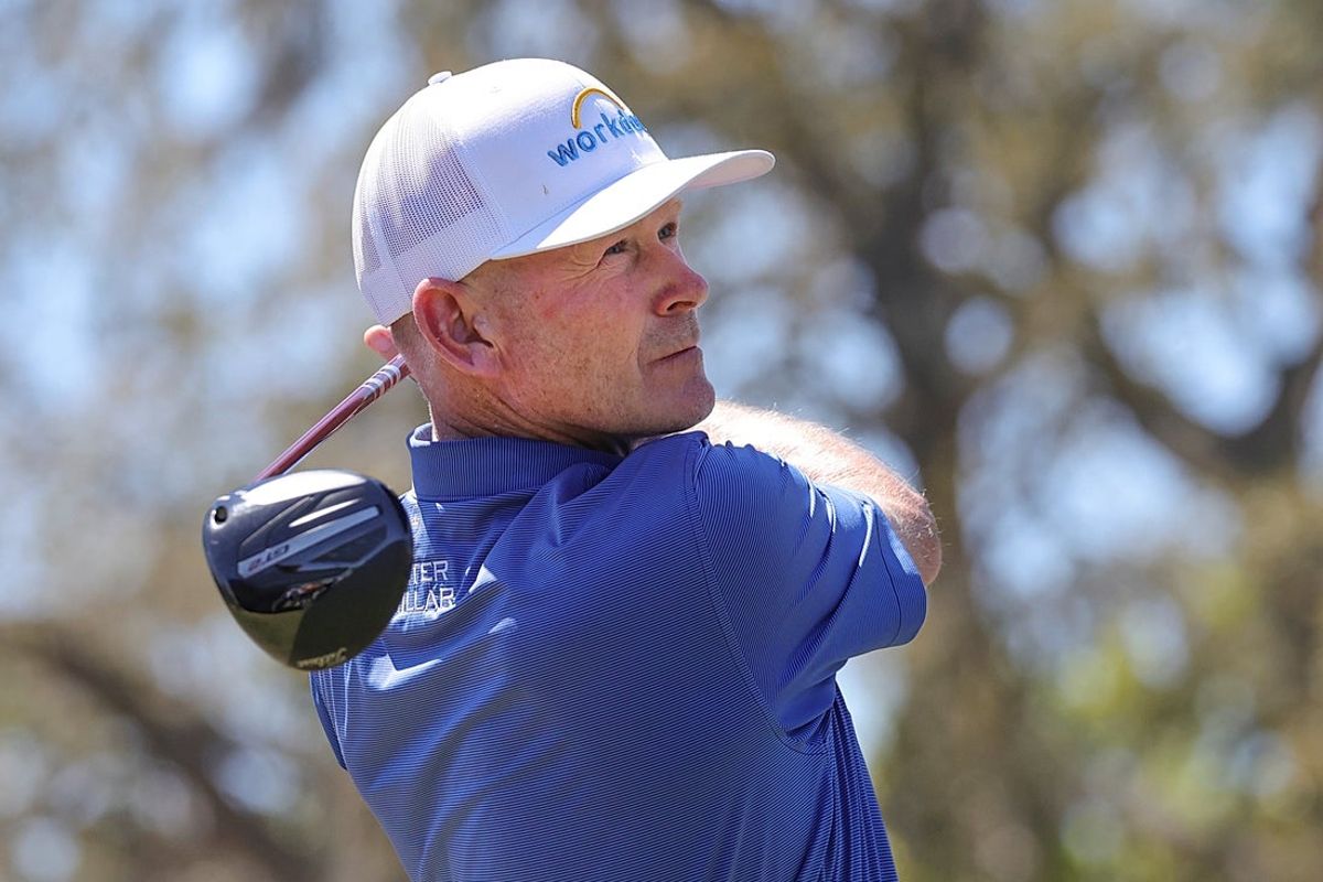 Mar 22, 2026; Palm Harbor, Florida, USA;  Brandt Snedeker plays his shot from the first tee during the final round of the Valspar Championship golf tournament. Mandatory Credit: Reinhold Matay-Imagn Images
