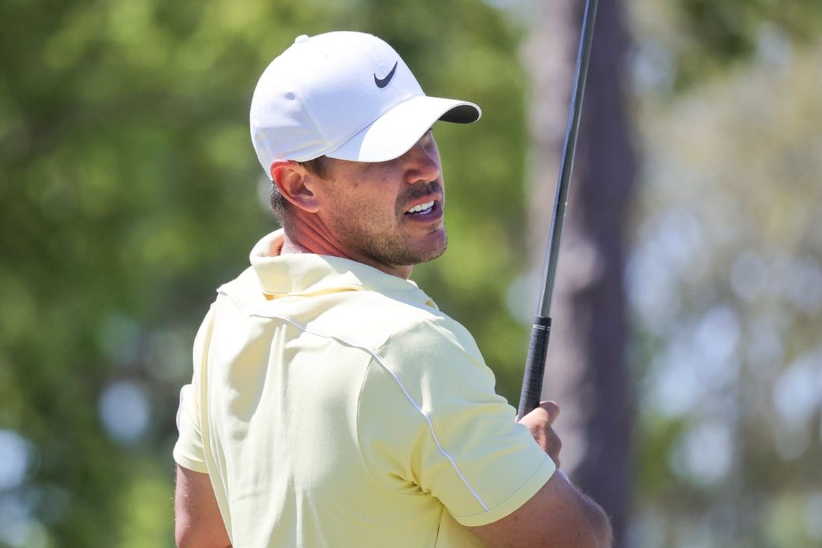 Mar 22, 2026; Palm Harbor, Florida, USA;  Brooks Koepka plays his shot from the first tee during the final round of the Valspar Championship golf tournament. Mandatory Credit: Reinhold Matay-Imagn Images