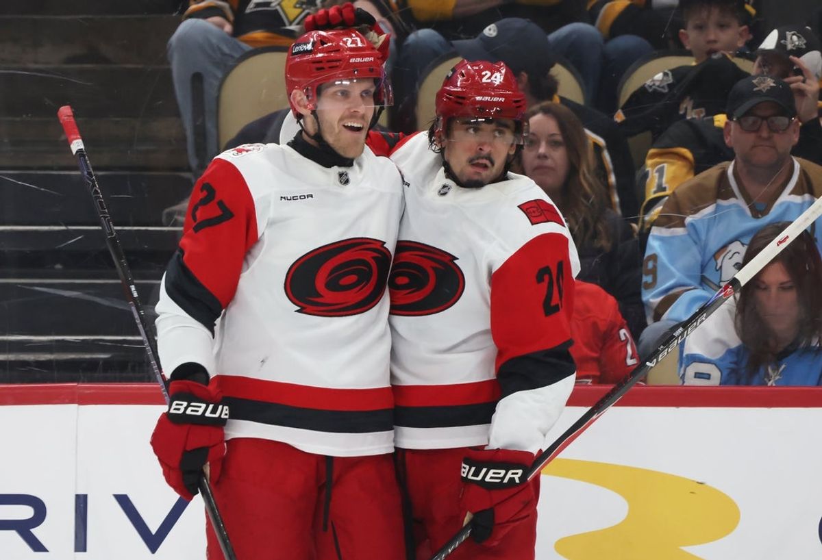 Mar 22, 2026; Pittsburgh, Pennsylvania, USA;  Carolina Hurricanes left wing Nikolaj Ehlers (27) celebrates his goal with center Seth Jarvis (24) against the Pittsburgh Penguins during the second period at PPG Paints Arena. Mandatory Credit: Charles LeClaire-Imagn Images