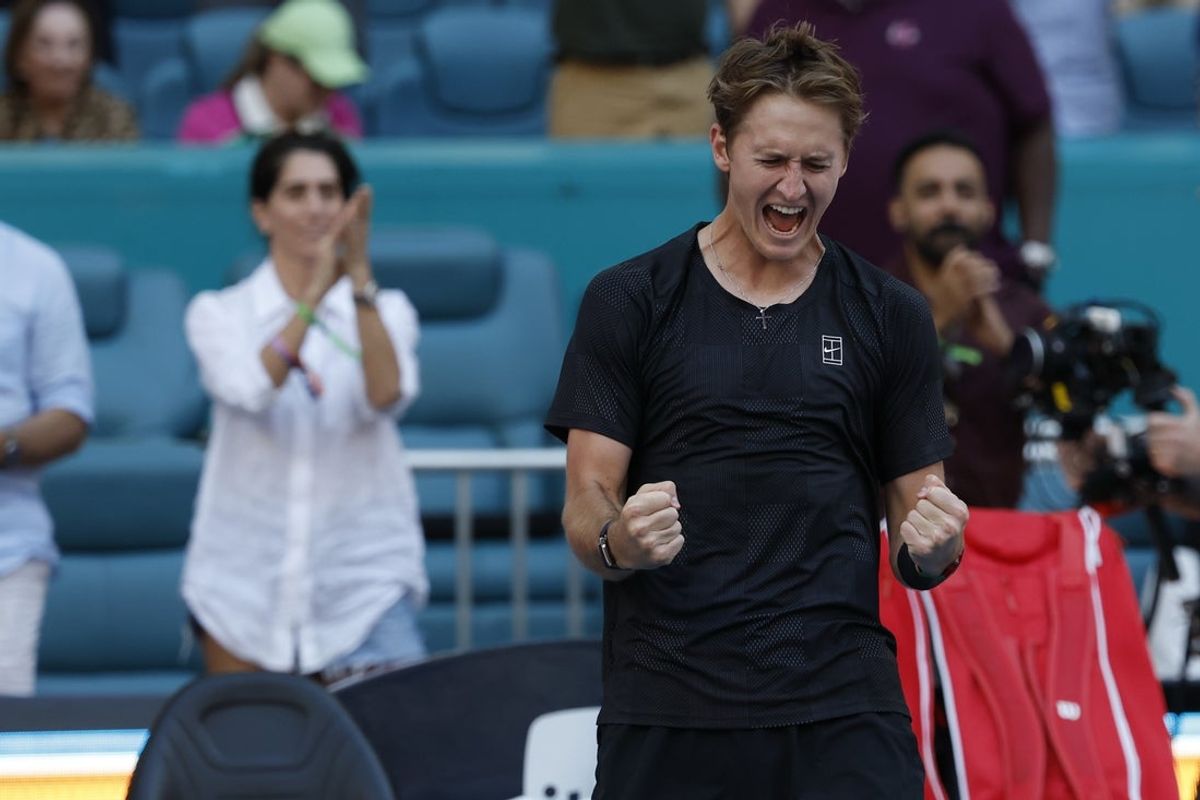 Mar 22, 2026; Miami Gardens, FL, USA; Sebastian Korda (USA) celebrates after his match against Carlos Alcaraz (ESP) (not pictured) on day six of the 2026 Miami Open at Hard Rock Stadium. Mandatory Credit: Geoff Burke-Imagn Images