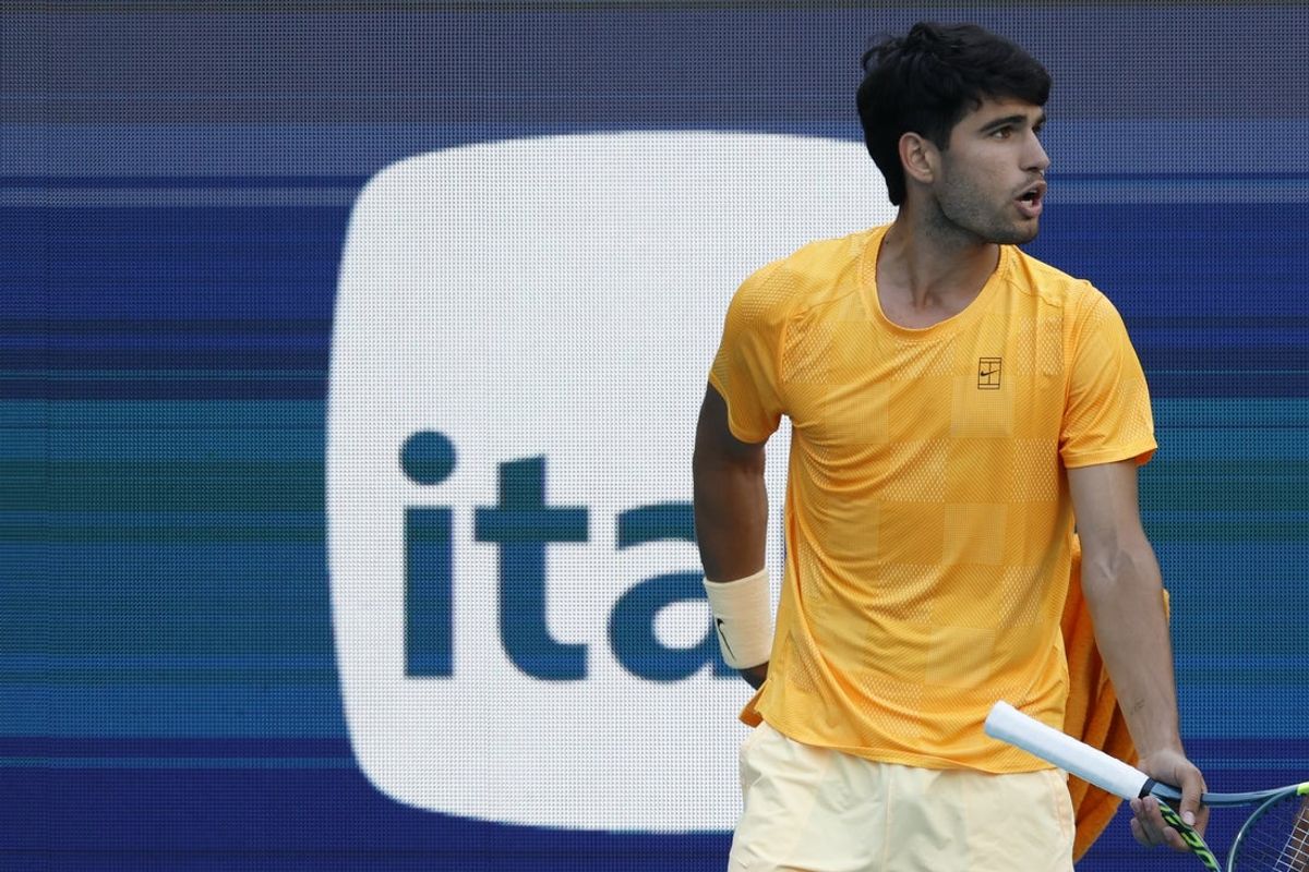Mar 22, 2026; Miami Gardens, FL, USA; Carlos Alcaraz (ESP) yells at his player's box between points against Sebastian Korda (USA) (not pictured) on day six of the 2026 Miami Open at Hard Rock Stadium. Mandatory Credit: Geoff Burke-Imagn Images
