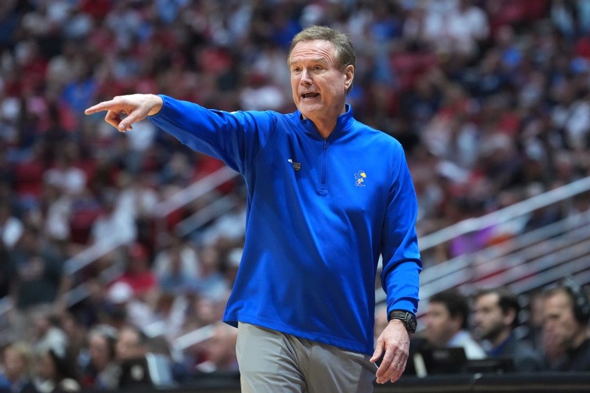 Mar 22, 2026; San Diego, CA, USA; Kansas Jayhawks head coach Bill Self reacts in the first half against the St. John's Red Storm during a second round game of the men's 2026 NCAA Tournament at Viejas Arena. Mandatory Credit: Kirby Lee-Imagn Images