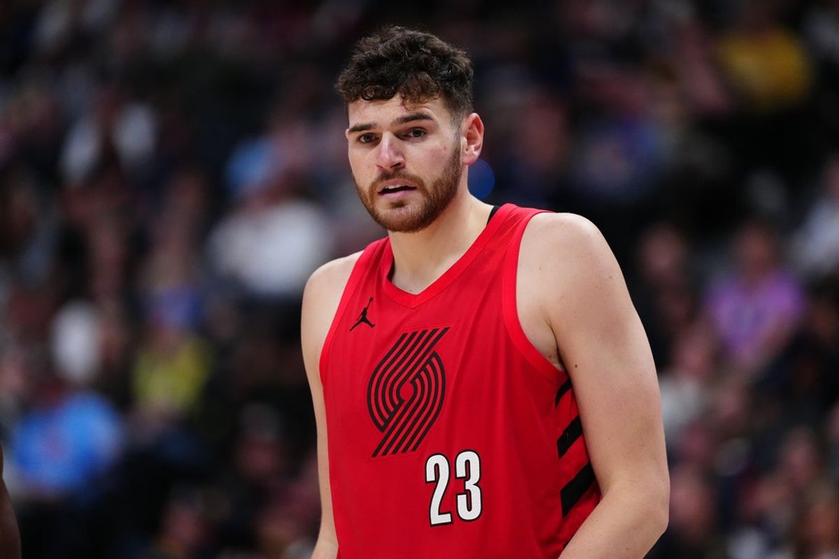 Mar 22, 2026; Denver, Colorado, USA; Portland Trail Blazers center Donovan Clingan (23) during the second half against the Denver Nuggets at Ball Arena. Mandatory Credit: Ron Chenoy-Imagn Images