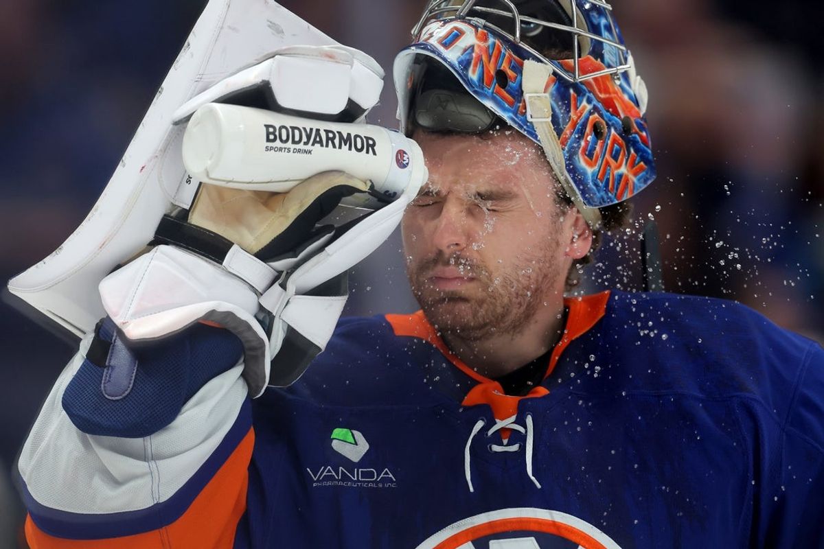 Mar 22, 2026; Elmont, New York, USA; New York Islanders goaltender Ilya Sorokin (30) sprays water on his face during a time out during the first period against the Columbus Blue Jackets at UBS Arena. Mandatory Credit: Brad Penner-Imagn Images