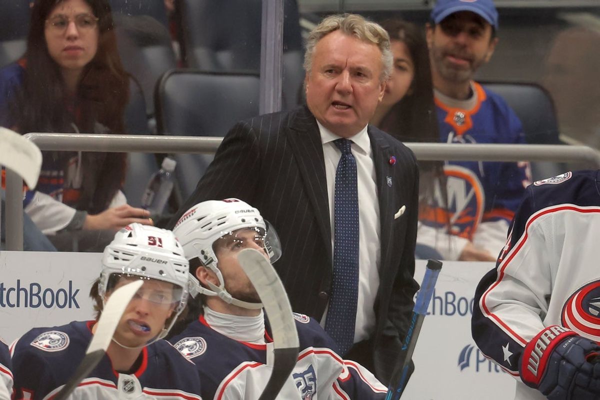 Mar 22, 2026; Elmont, New York, USA; Columbus Blue Jackets head coach Rick Bowness coaches against the New York Islanders during the first period at UBS Arena. Mandatory Credit: Brad Penner-Imagn Images