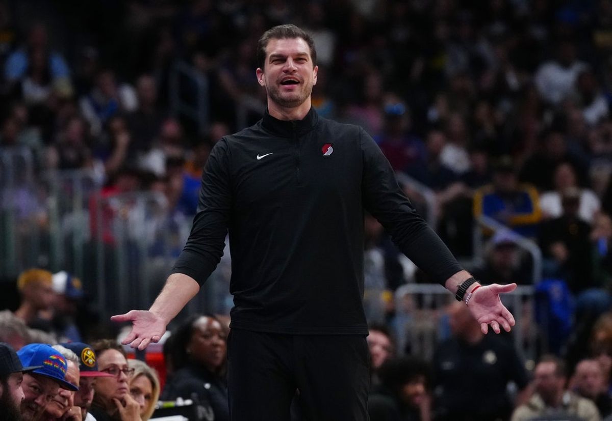 Mar 22, 2026; Denver, Colorado, USA; Portland Trail Blazers interim head coach Tiago Splitter reacts in the second quarter against the Denver Nuggets at Ball Arena. Mandatory Credit: Ron Chenoy-Imagn Images