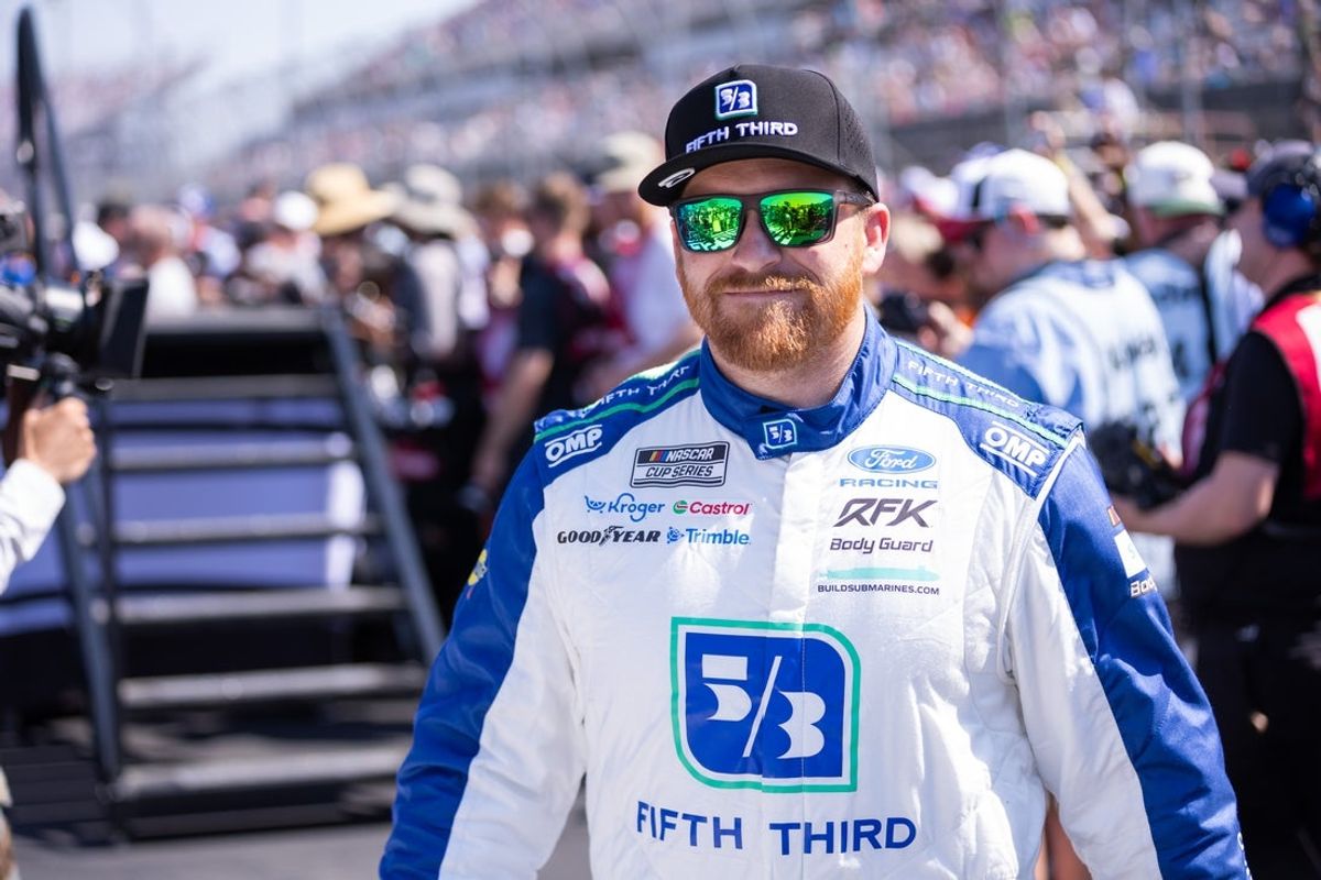 Mar 22, 2026; Darlington, South Carolina, USA; RFK Racing driver Chris Buescher (17) comes out for the Goodyear 400 at Darlington Raceway. Mandatory Credit: Scott Kinser-Imagn Images