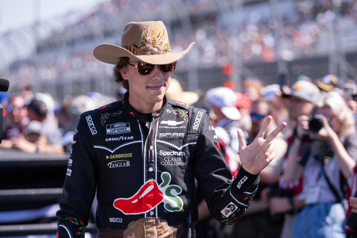 Mar 22, 2026; Darlington, South Carolina, USA; Spire Motorsports Carson Hocevar (77) comes out for the Goodyear 400 at Darlington Raceway. Mandatory Credit: Scott Kinser-Imagn Images