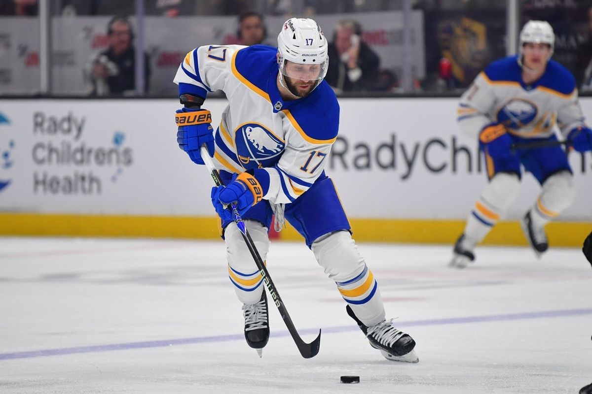 Mar 22, 2026; Anaheim, California, USA; Buffalo Sabres left wing Jason Zucker (17) moves the puck against the Ahaheim Ducks during the first period at Honda Center. Mandatory Credit: Gary A. Vasquez-Imagn Images