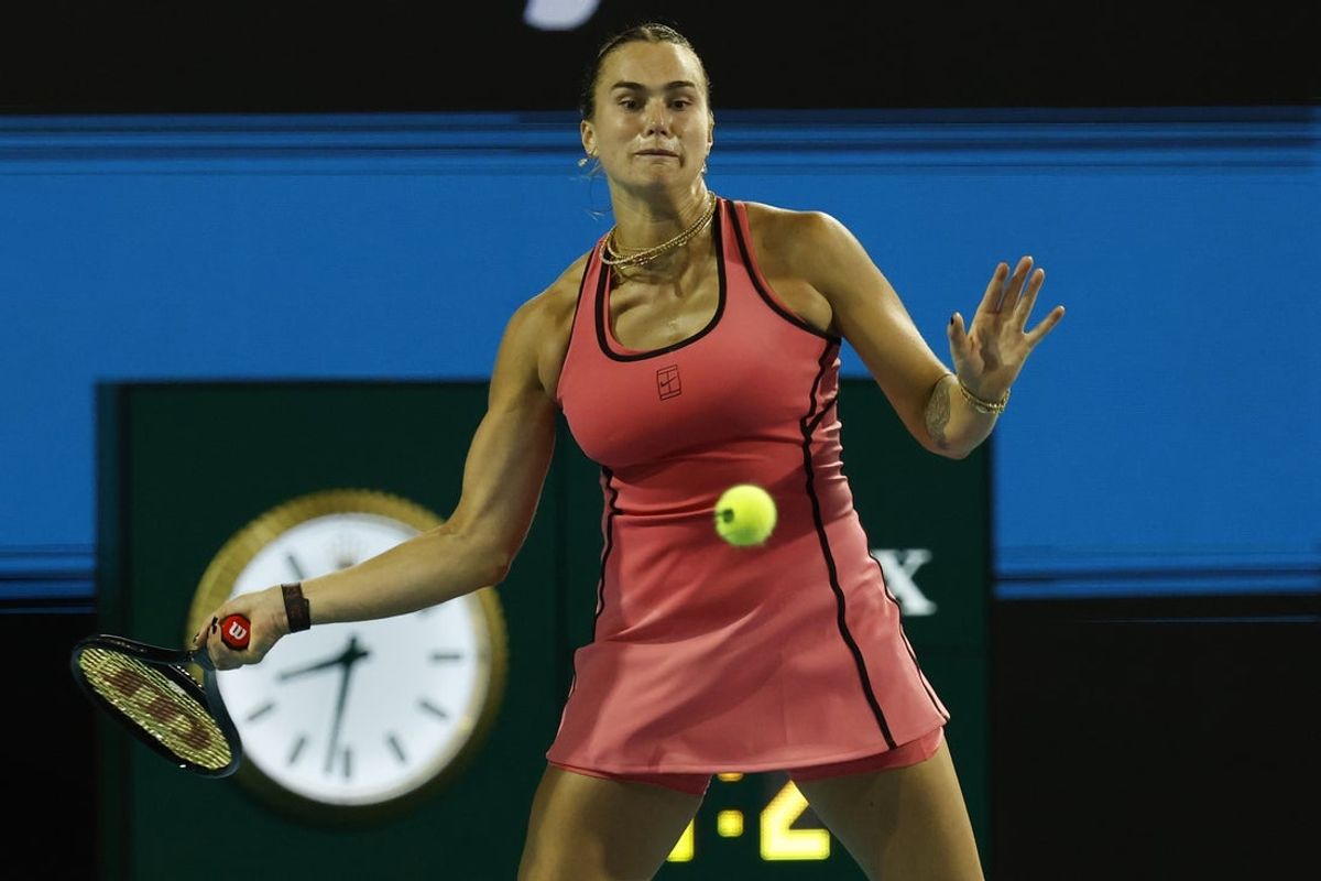 Mar 22, 2026; Miami Gardens, FL, USA; Aryna Sabalenka  hits a forehand against Caty McNally (USA) (not pictured) on day six of the 2026 Miami Open at Hard Rock Stadium. Mandatory Credit: Geoff Burke-Imagn Images