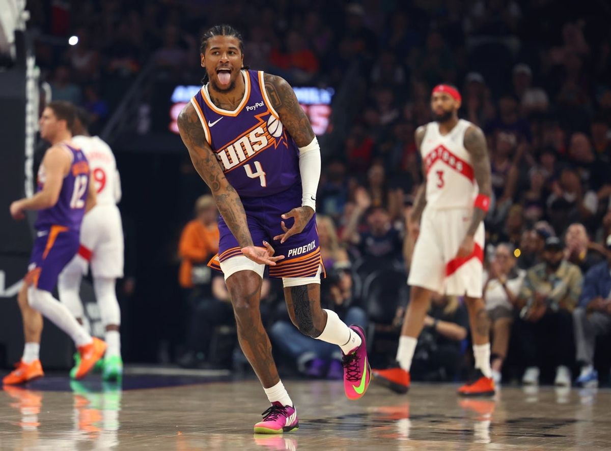 Mar 22, 2026; Phoenix, Arizona, USA; Phoenix Suns guard Jalen Green (4) celebrates after making a three point shot against the Toronto Raptors in the first quarter at Mortgage Matchup Center. Mandatory Credit: Anna Carrington-Imagn Images