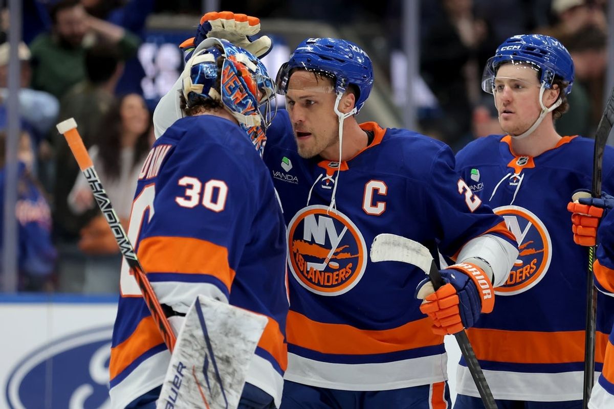Mar 22, 2026; Elmont, New York, USA; New York Islanders goaltender Ilya Sorokin (30) celebrates with left wing Anders Lee (27) after defeating the Columbus Blue Jackets at UBS Arena. Mandatory Credit: Brad Penner-Imagn Images