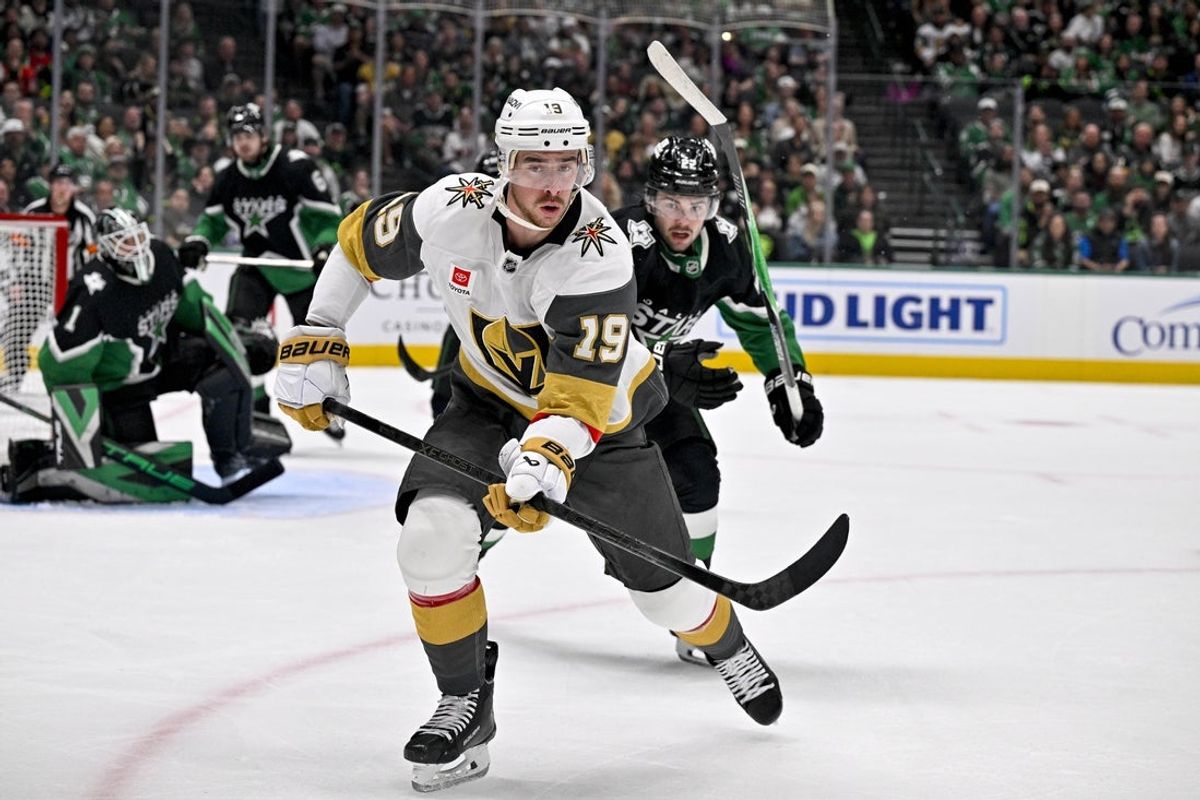 Mar 22, 2026; Dallas, Texas, USA; Vegas Golden Knights right wing Reilly Smith (19) skates against the Dallas Stars during the third period at the American Airlines Center. Mandatory Credit: Jerome Miron-Imagn Images