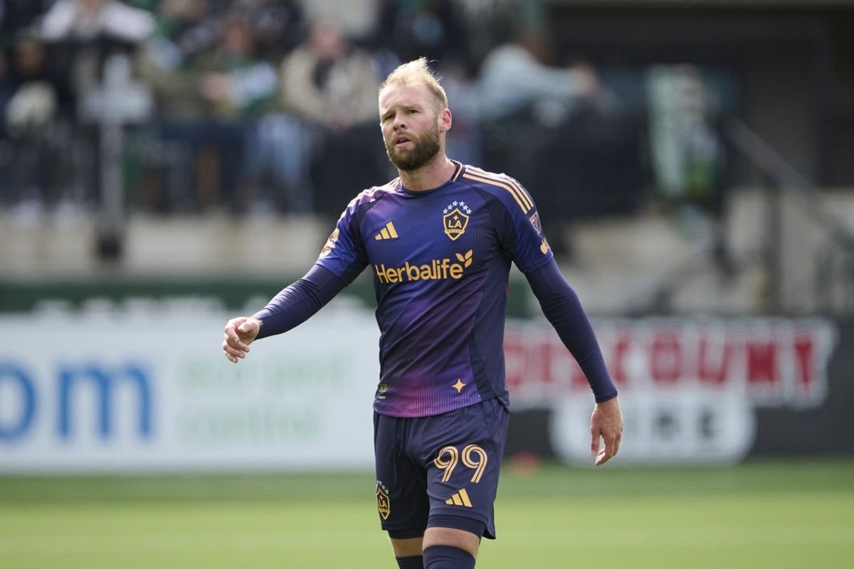 Mar 22, 2026; Portland, Oregon, USA; Los Angeles Galaxy forward Joao Klauss (99) during a break in a game against the Portland Timbers  at Providence Park. Mandatory Credit: Troy Wayrynen-Imagn Images