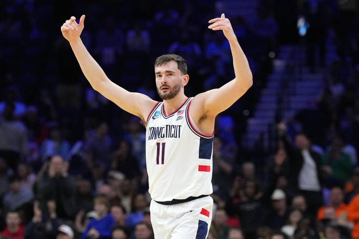 Mar 22, 2026; Philadelphia, PA, USA; UConn Huskies forward Alex Karaban (11) reacts against the UCLA Bruins in the second half during a second round game of the men's 2026 NCAA Tournament at Xfinity Mobile Arena. Mandatory Credit: Kyle Ross-Imagn Images