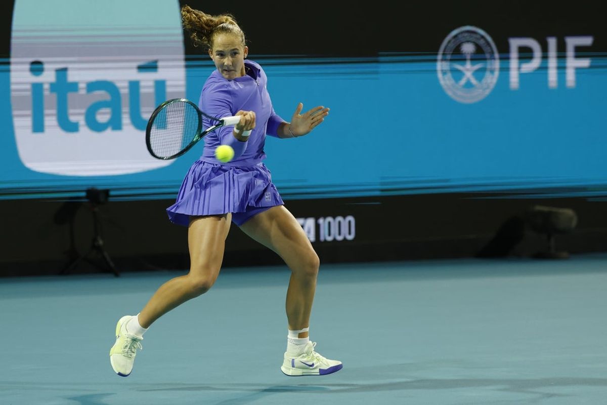 Mar 19, 2026; Miami Gardens, FL, USA; Mirra Andreeva hits a forehand against McCartney Kessler (USA) (not pictured) on day 3 of the 2026 Miami Open at Hard Rock Stadium. Mandatory Credit: Geoff Burke-Imagn Images