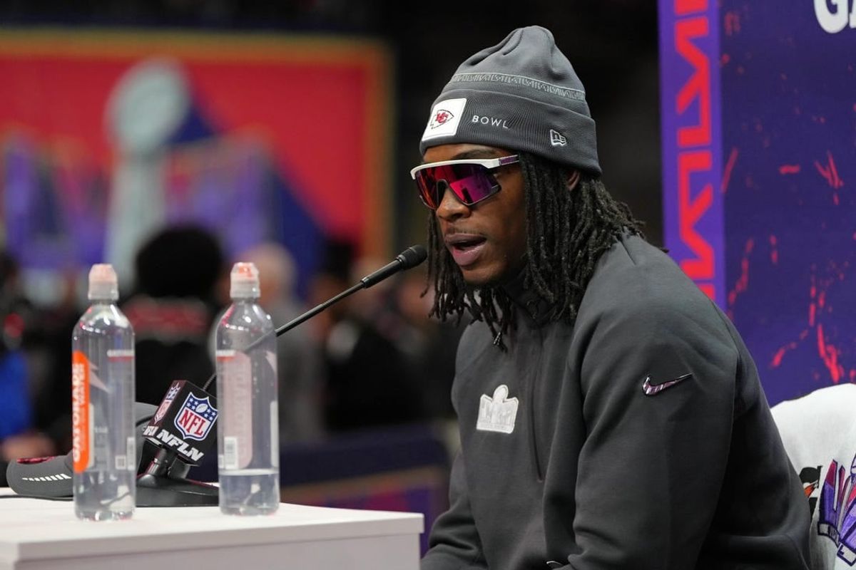 Feb 5, 2024; Las Vegas, NV, USA; Kansas City Chiefs wide receiver Rashee Rice (4) talks to the media during Super Bowl LVIII Opening Night at Allegiant Stadium.